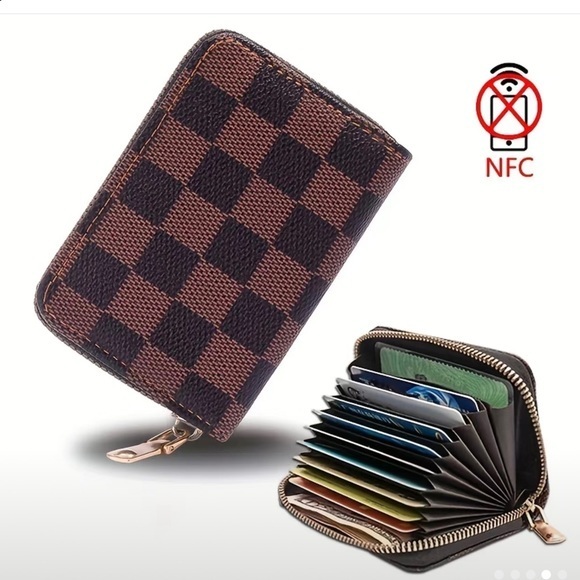 New! Unisex Geometric Pattern Brown RFID Zipper Wallet Credit Card Money Holder - Picture 1 of 4